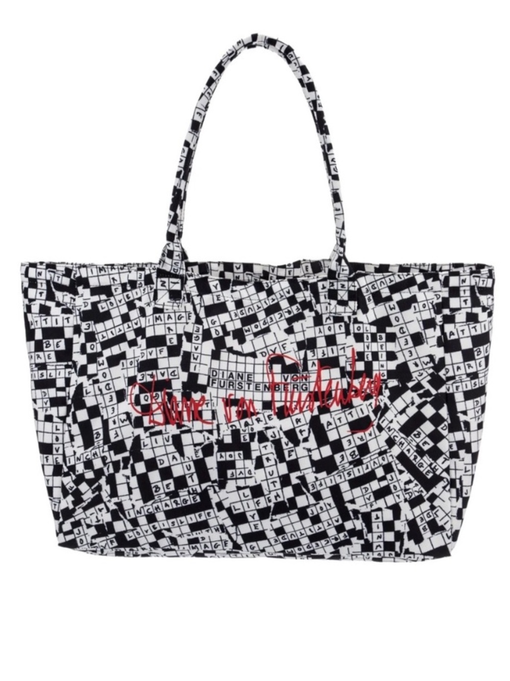 Diane Von Furstenberg Black & White Crossword Tote with Red Script PERFECT! 🖤🤍🖤
